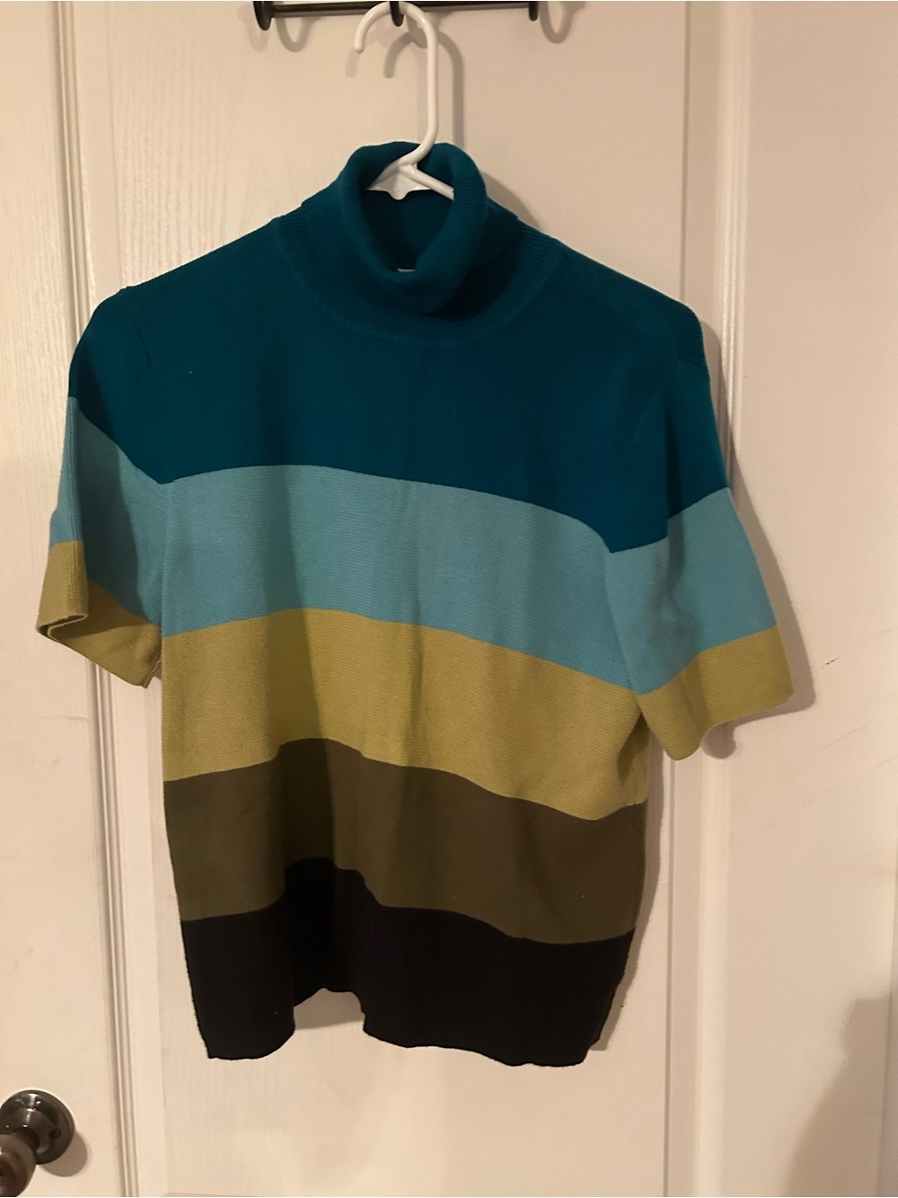 Striped Short-Sleeve Turtleneck Sweater in Teal, Light Blue, Olive, Black